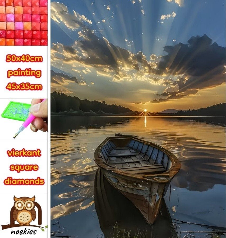 Peinture au diamant 50x40cm Coucher de soleil sur un bate 53, Hobby & Loisirs créatifs, Bricolage, Neuf, Diamond painting, Éducatif