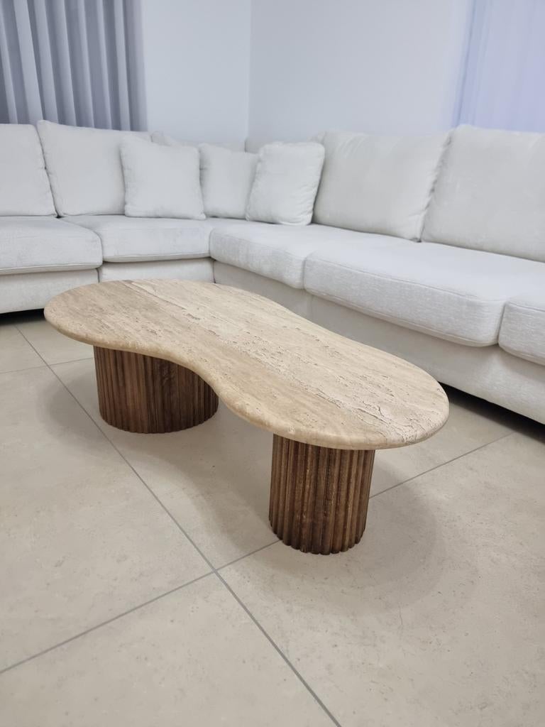 Table basse MARLON bois de manguier avec travertin beige, Huis en Inrichting, Tafels | Salontafels, Nieuw, Ophalen of Verzenden