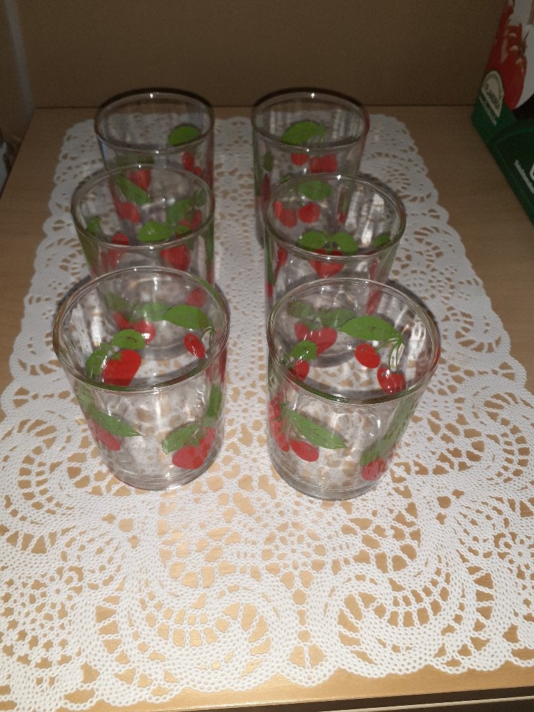 Verres vintage limonades déco fraises et cerises (lot de 6), Enlèvement