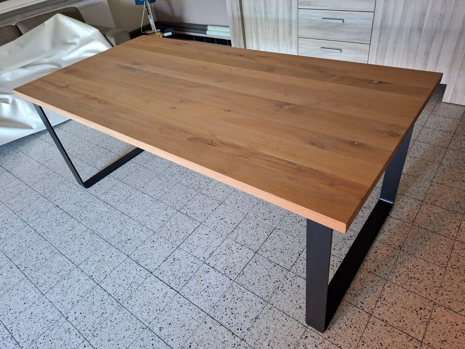 houten tafel met ijzeren frame, Ophalen, 100 tot 150 cm, Eikenhout, 200 cm of meer