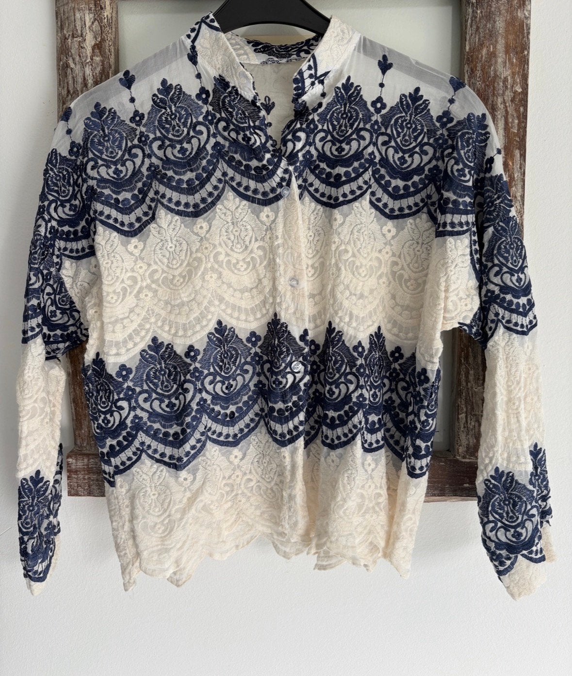 Blouse crème wit blauw kant Via Veneto S Prato xs/s/m, Ophalen of Verzenden, Nieuw, Maat 36 (S), Meerkleurig