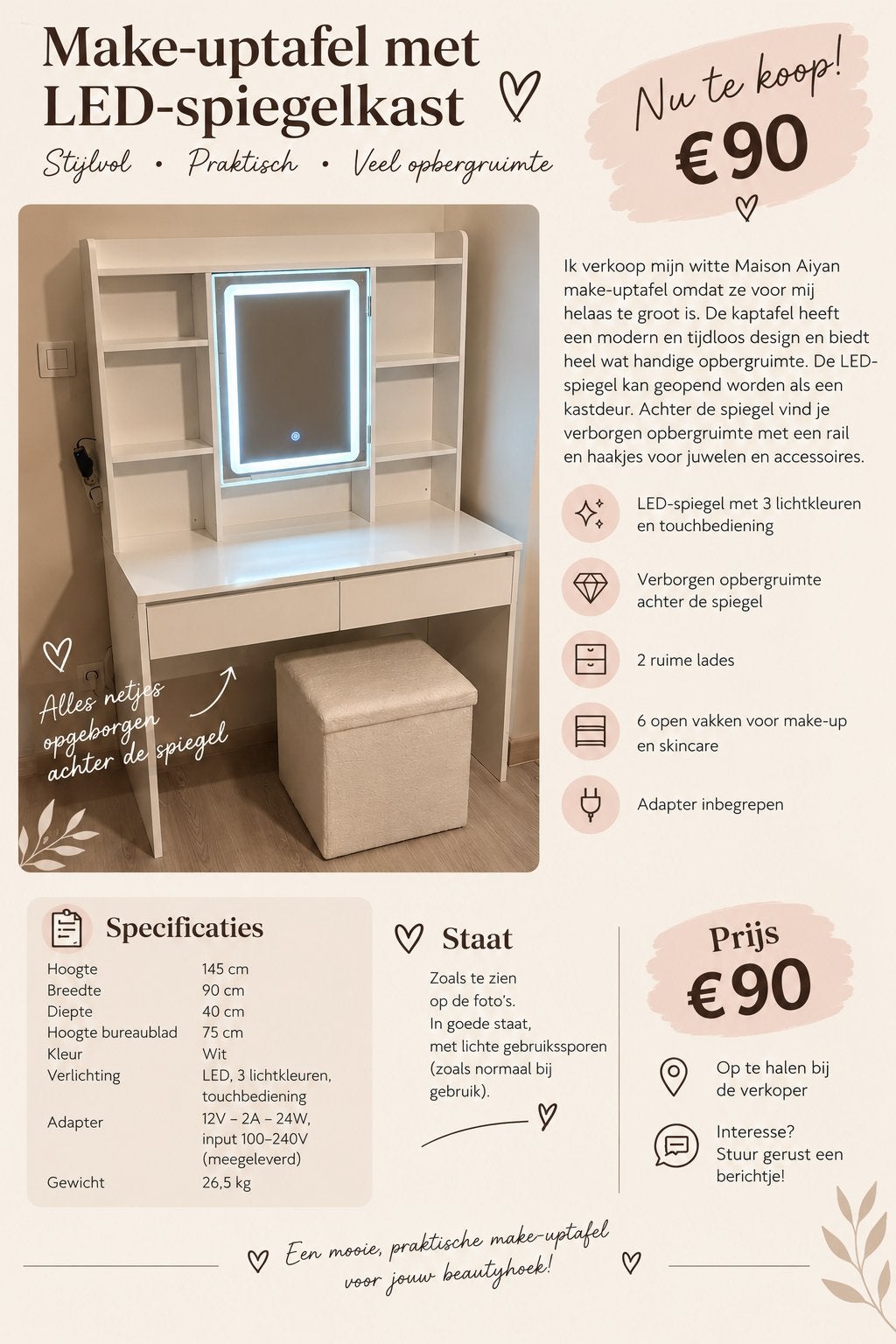 Table de maquillage, Enlèvement, Rigide, Blanc, Comme neuf