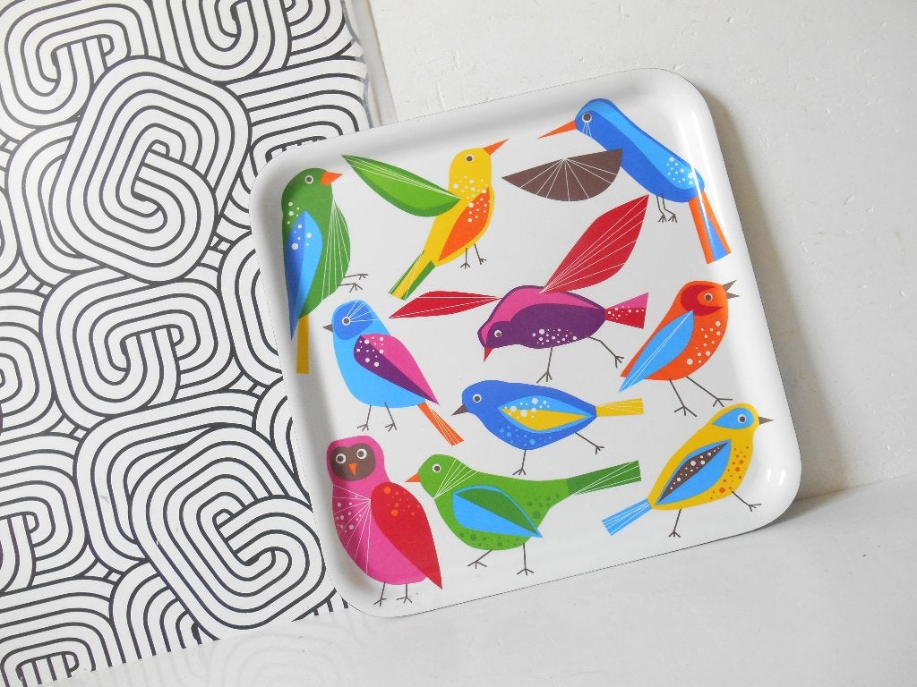 Vintage plateau met Pop Art vogeltjes (2007), Verzenden