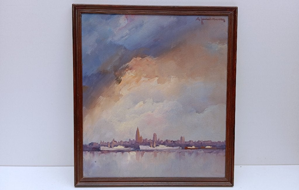 LEO JORDAENS SCHILDERIJ SKYLINE MET BOTEN, Antiek en Kunst, Ophalen of Verzenden, Gesigneerd, Olieverf, Maritiem / water