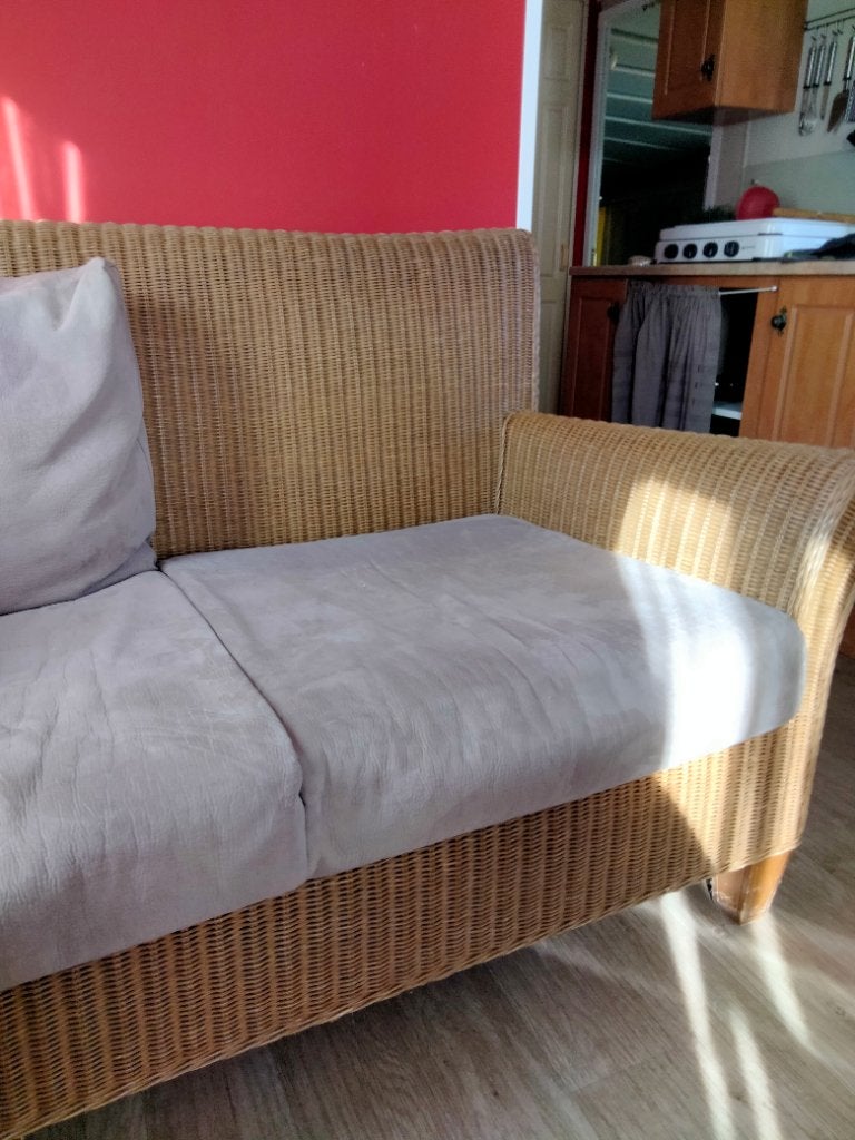 Rieten bank met kussens., Huis en Inrichting, Ophalen, Gebruikt, Tweepersoons, Riet of Rotan