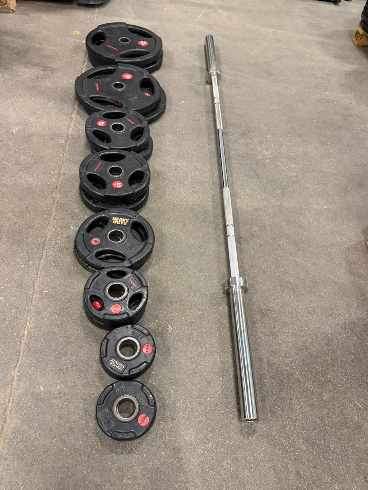 157,5kg Life Fitness Gewichten + Olympische Barbell, Sport en Fitness, Ophalen, Gebruikt, Halterschijven