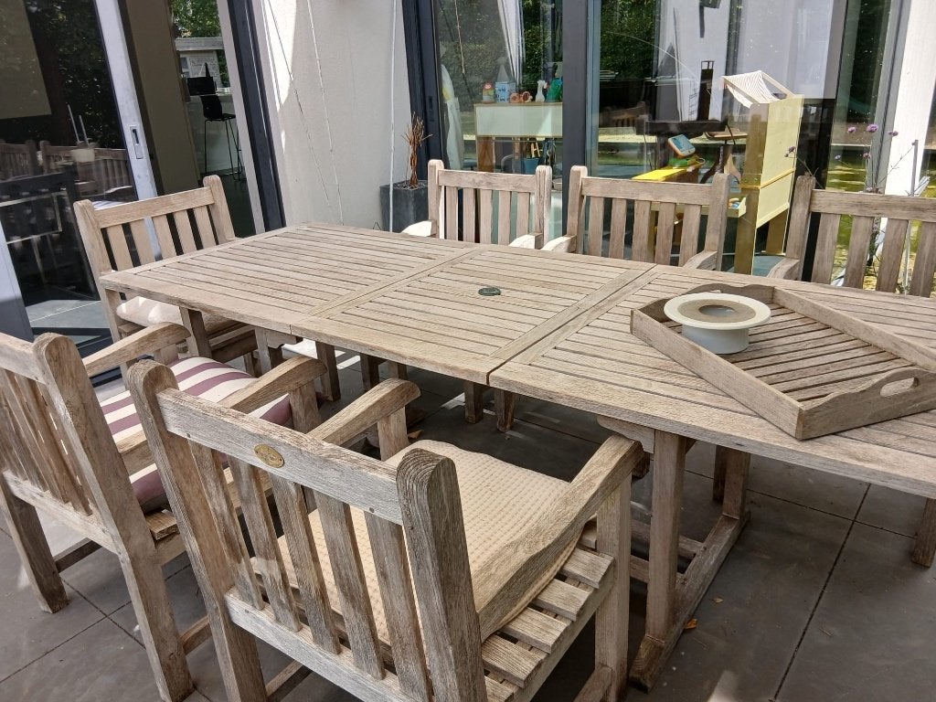 Teak tuintafel + 8 stoelen, Tuin en Terras, Ophalen, Gebruikt, Rechthoekig, Teakhout