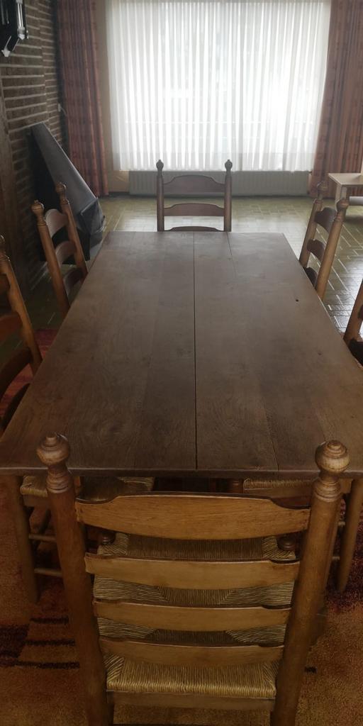 Eiken tafel met 6 stoelen, rieten zit. Tafel B 83 x L 185 cm, Ophalen