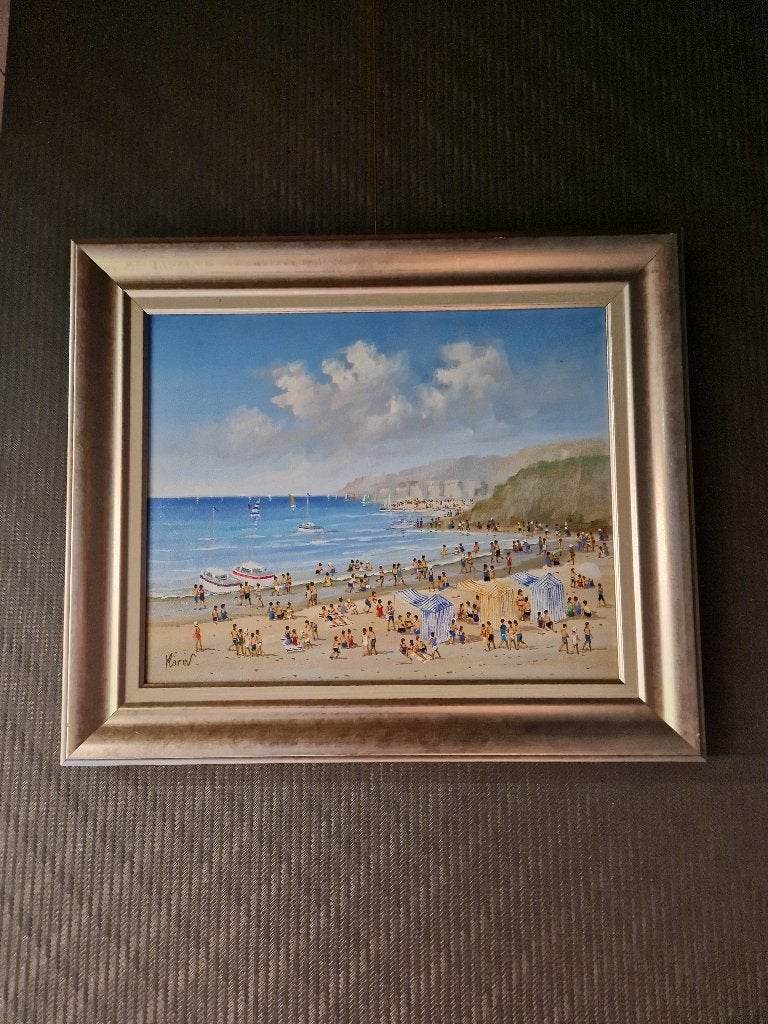 Gérald Marin (1975-) - Sur la Plage d'Etretat, Antiquités & Art, Textile, Enlèvement ou Envoi, Figures, Peinture à l'huile