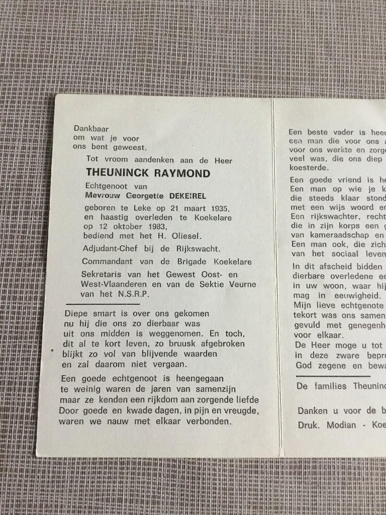 Rijkswachter Raymond Leke +Koekelare G. Dekeirel, Enlèvement ou Envoi, Image pieuse