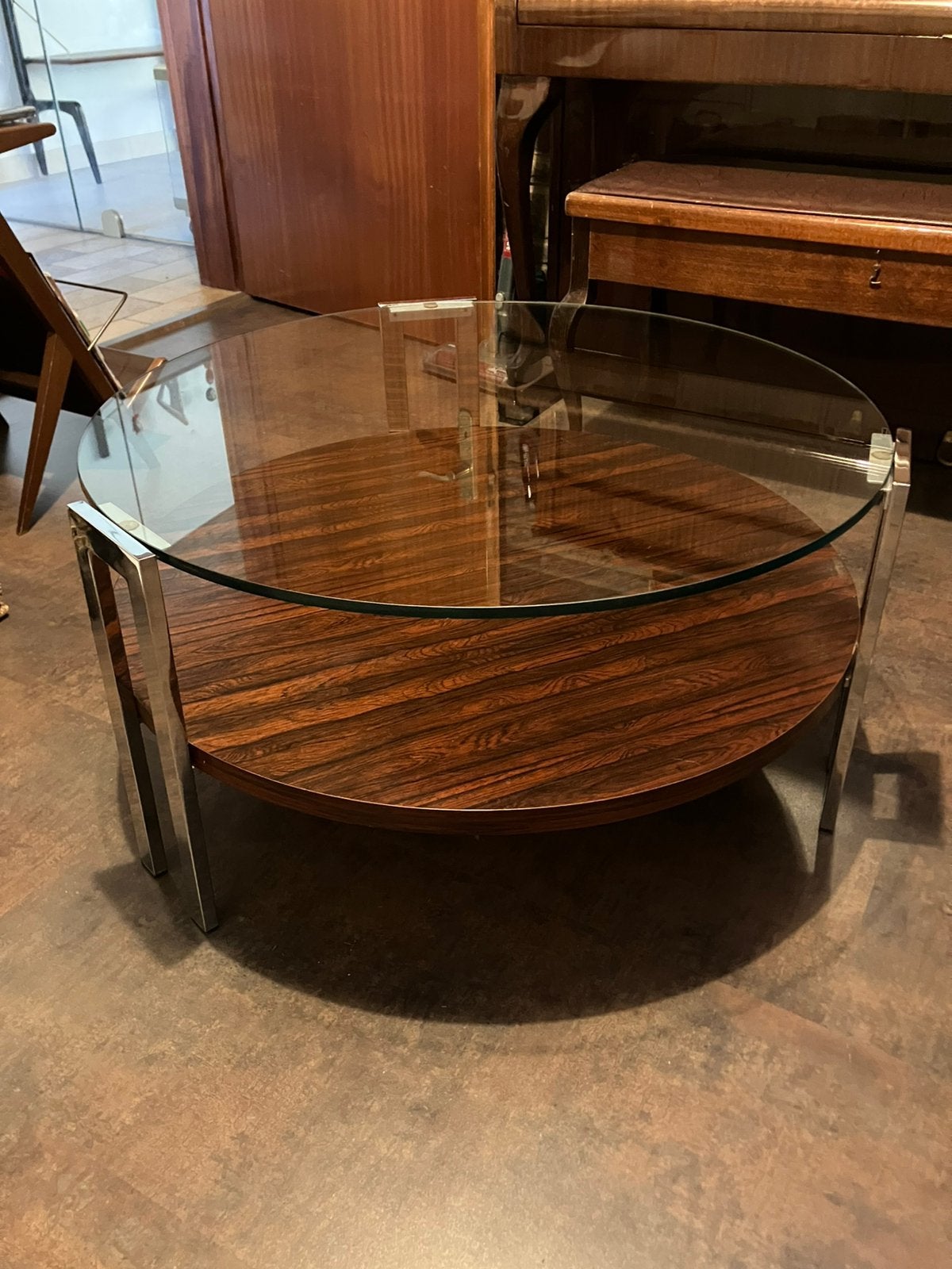 Table basse ronde années 70 – Palissandre, Chrome & Verre, Antiquités & Art, Enlèvement