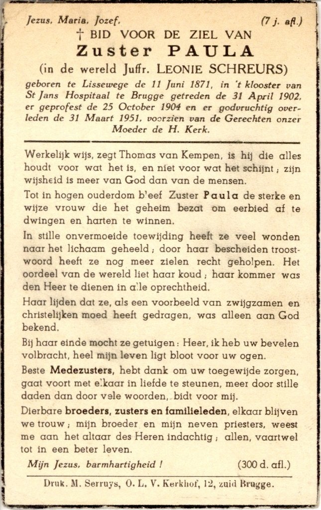 Zuster Paula. ° Lissewege 1871 † Brugge 1951, Ophalen of Verzenden, Bidprentje
