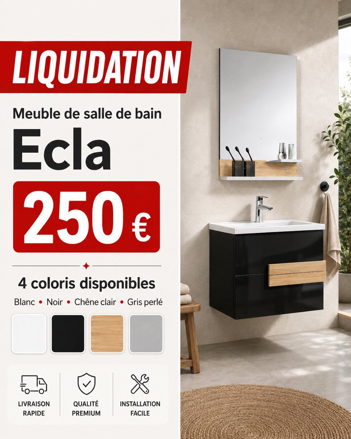 LIQUIDATION – Meuble de salle de bain ECLA 60 cm, Enlèvement, Neuf