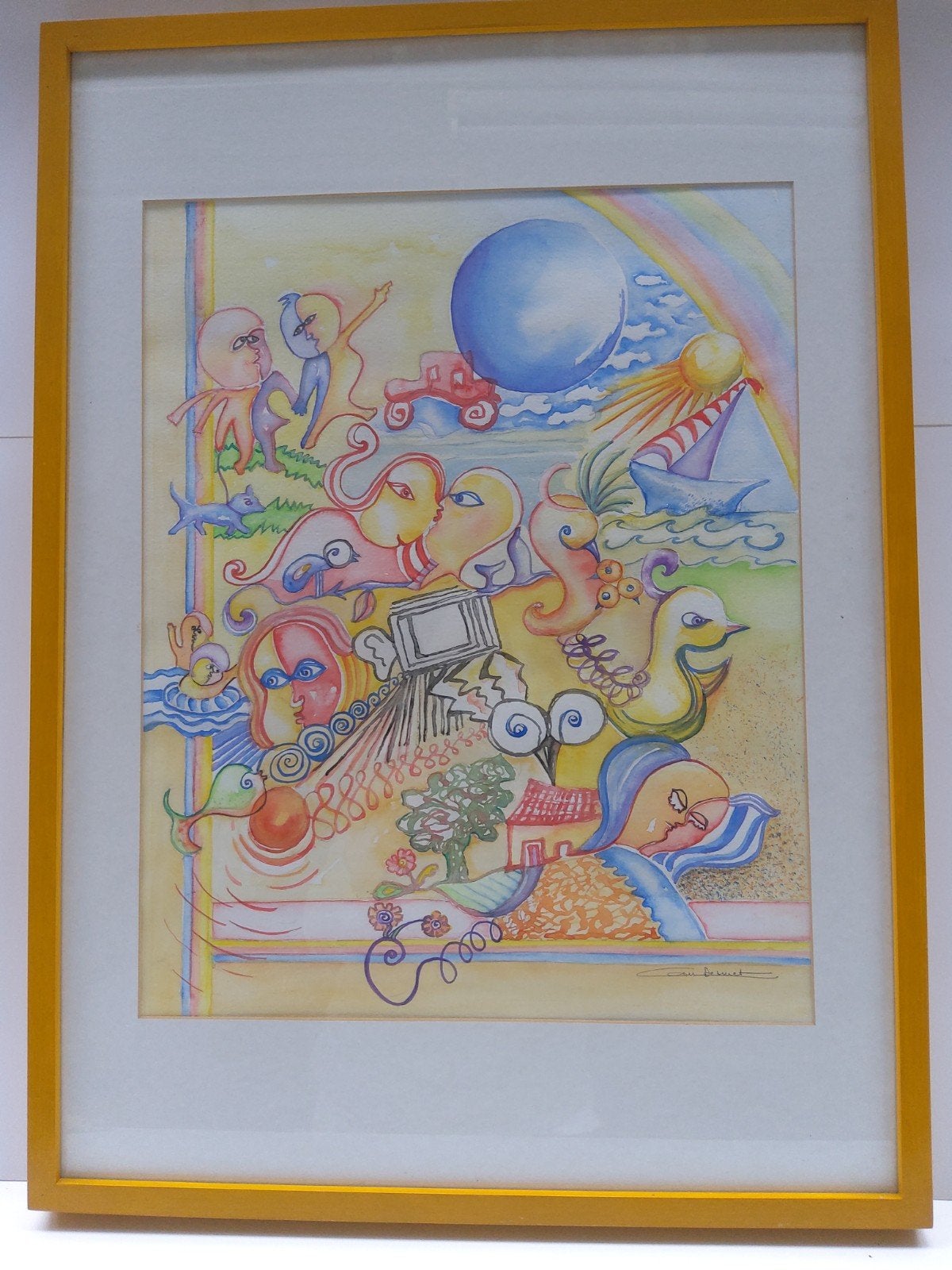 "Relax" originele aquarel. Ingelijst 40 x 50 cm, Antiquités & Art, Art | Peinture | Moderne, Passe-partout, Enlèvement, Aquarelle