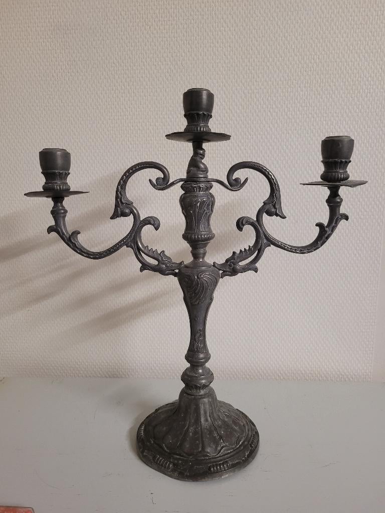 Kandelaar 3 takken tin/H.40 cm 2 kg, Antiek en Kunst, Ophalen of Verzenden, Overige materialen