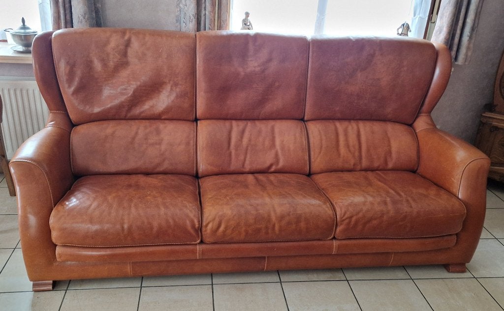 Salon en cuir cognac, Enlèvement, Utilisé, Cuir, Klassiek - landelijk