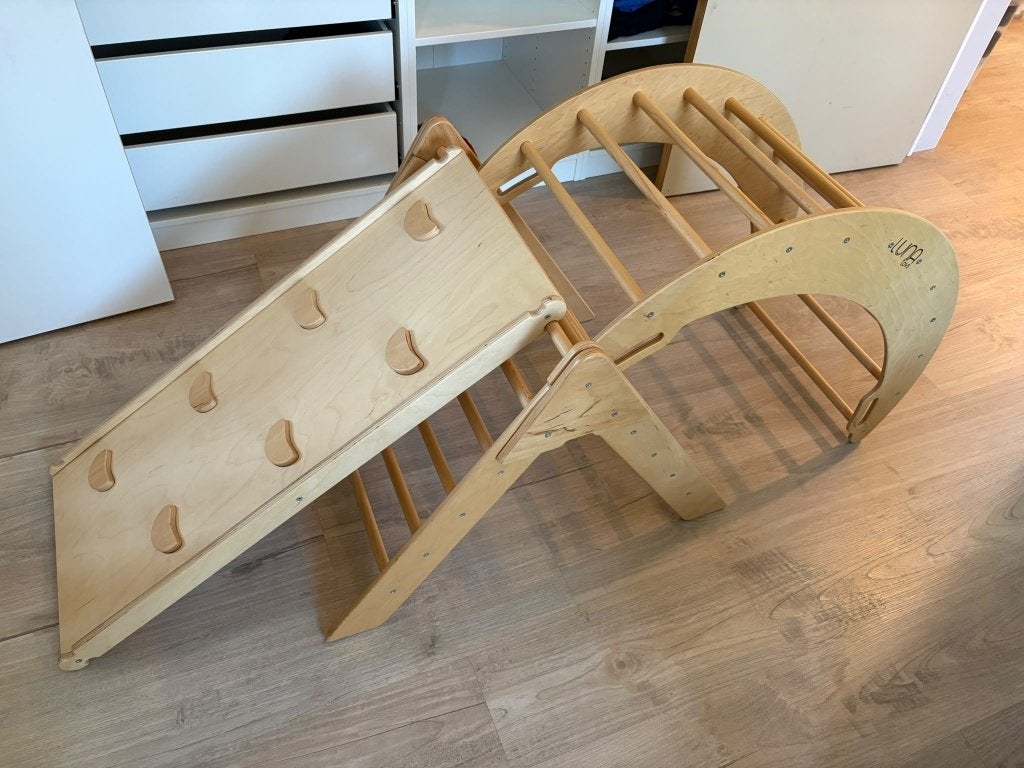 Luna Toys Naturel Houten Klimrek met Glijbaan en boog, Ophalen, Gebruikt