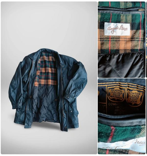 Leren Jas Nappa Vintage Angelo Litrico Parka Tartan 90s, Kleding | Heren, Jassen | Winter, Gedragen, Maat 52/54 (L), Zwart, Ophalen of Verzenden