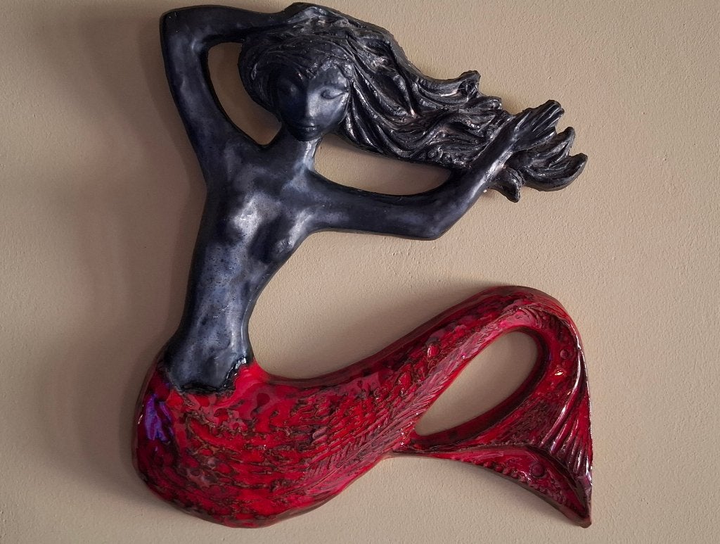 Vintage keramisch wandsculptuur van een zeemeermin, Ophalen of Verzenden