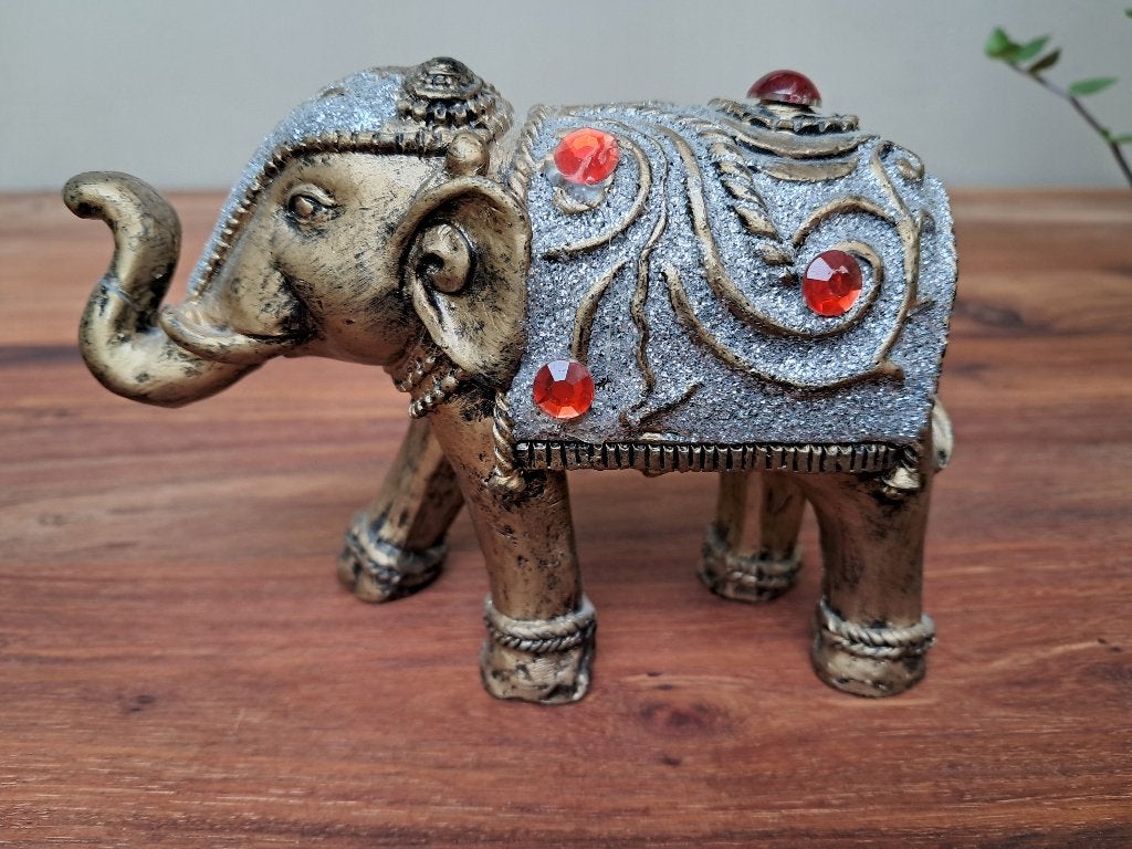 Glitterend decoratief olifantje, Utilisé, Autres matériaux, Doré, Campagnard