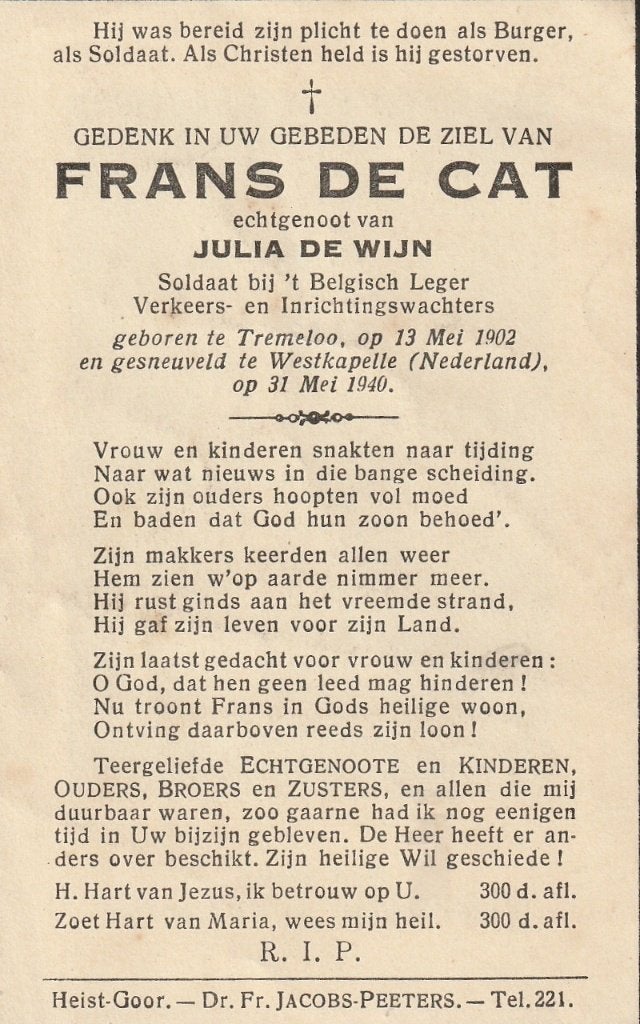 Gesneuvelde 1940-45 Westkapelle 31.05.1940 Frans De Cat, Collections, Images pieuses & Faire-part, Envoi