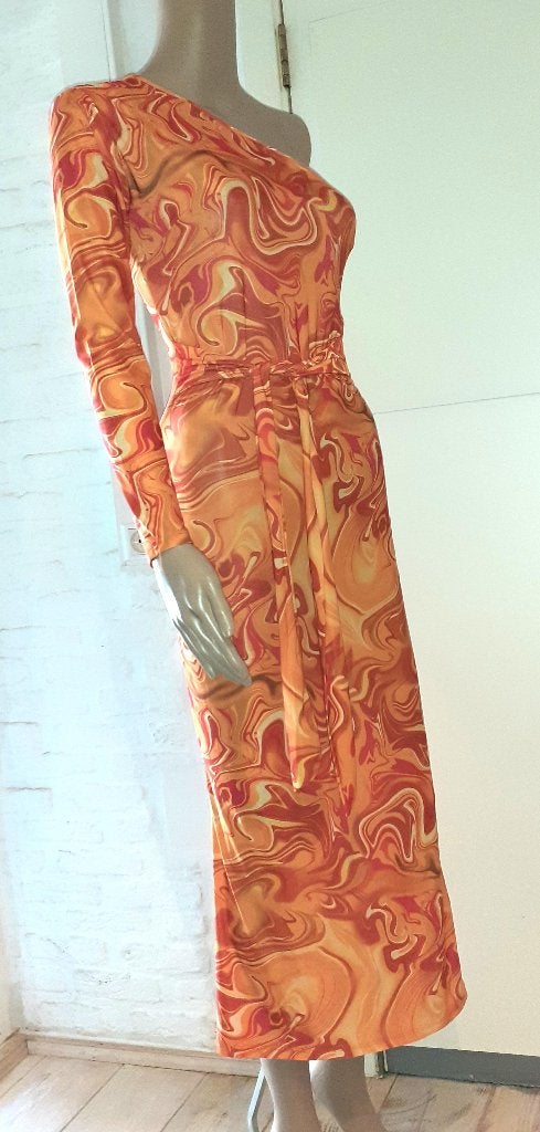 maxi jurk retro print one shoulder oranje XS-S, Nieuw, Oranje, Ophalen of Verzenden, Maat 34 (XS) of kleiner