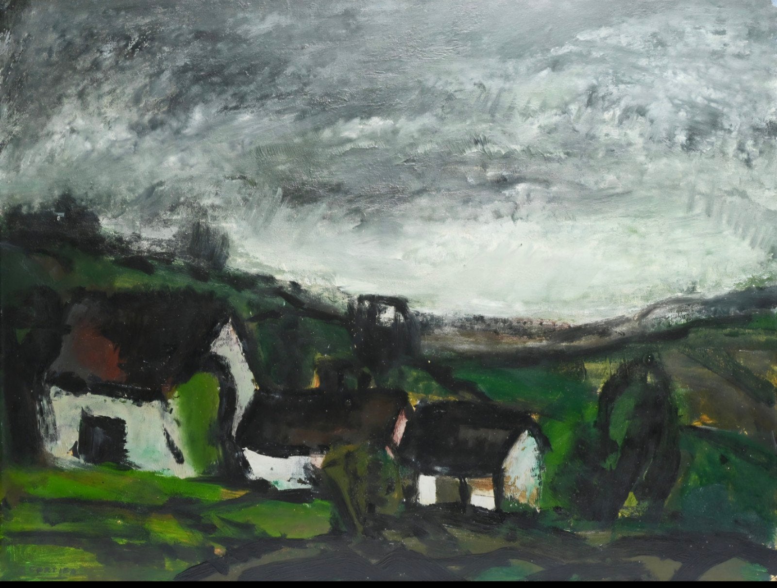 CORTIER Amedee "Hoeve in landschap" olie op papier, Antiek en Kunst, Ophalen of Verzenden, Landschap