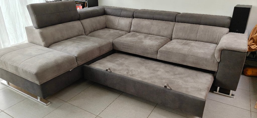 3-zit hoekzetel met chaise longue en opbergruimte, Ophalen, 250 tot 300 cm, Hoekbank, Zo goed als nieuw