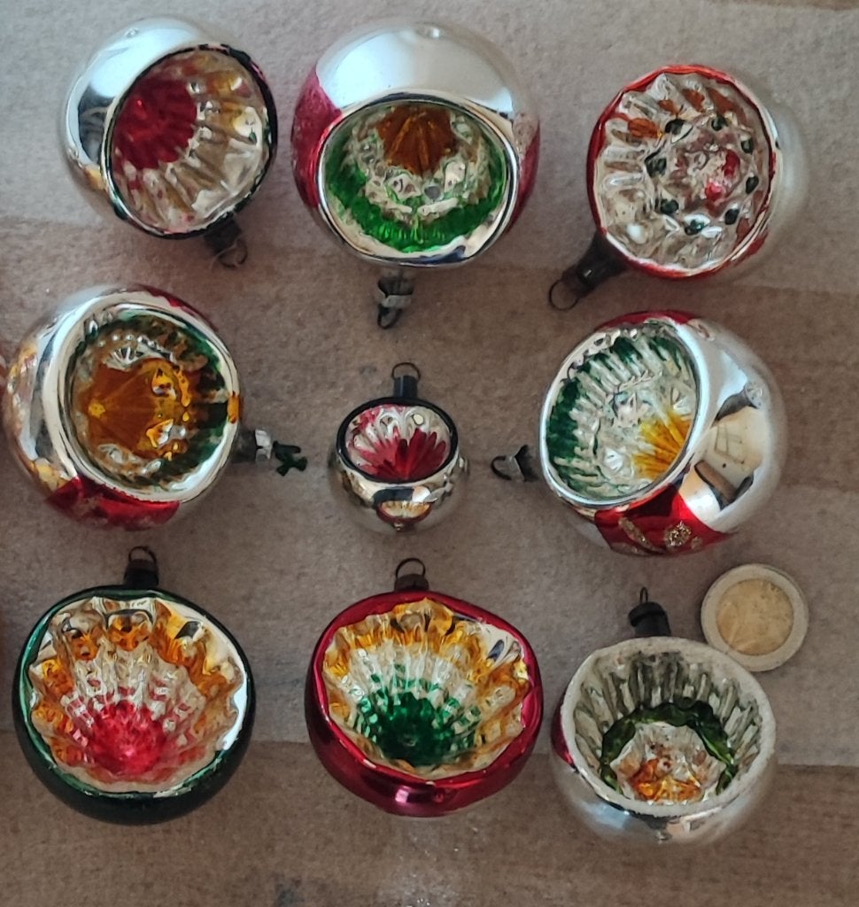 Set van 9 oude holle kerstballen en pijl, Diversen, Ophalen of Verzenden, Gebruikt