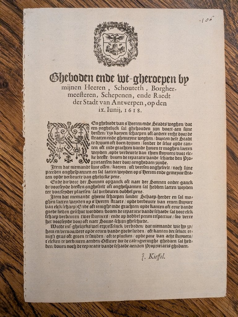 Set 6 oude Verordeningen Stad Antwerpen, 17de en 18de eeuw, Livres, Histoire & Politique, Enlèvement ou Envoi, 17e et 18e siècles