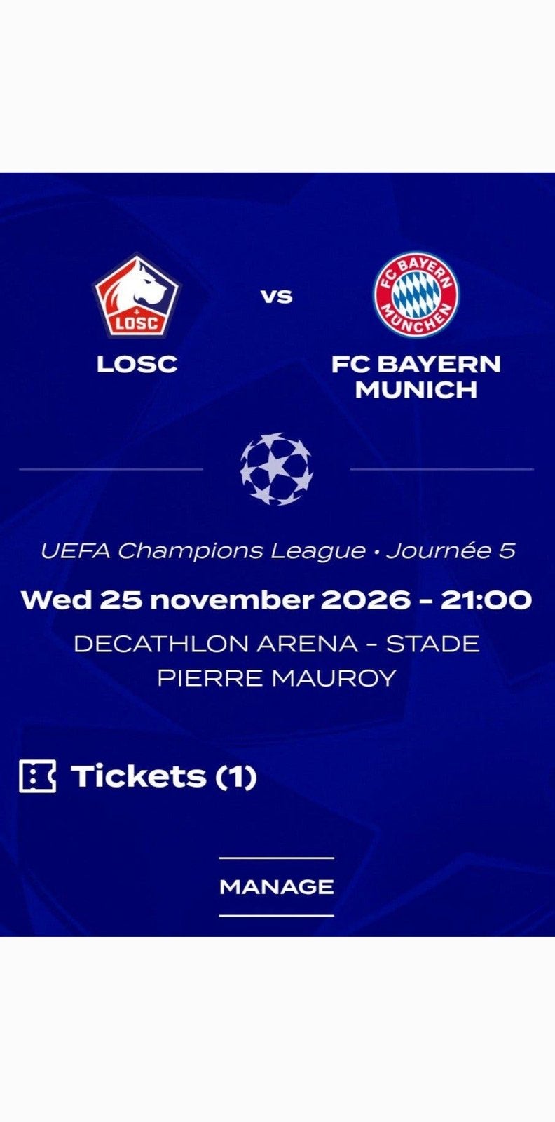 2 tickets Bayern-losc, Tickets & Billets