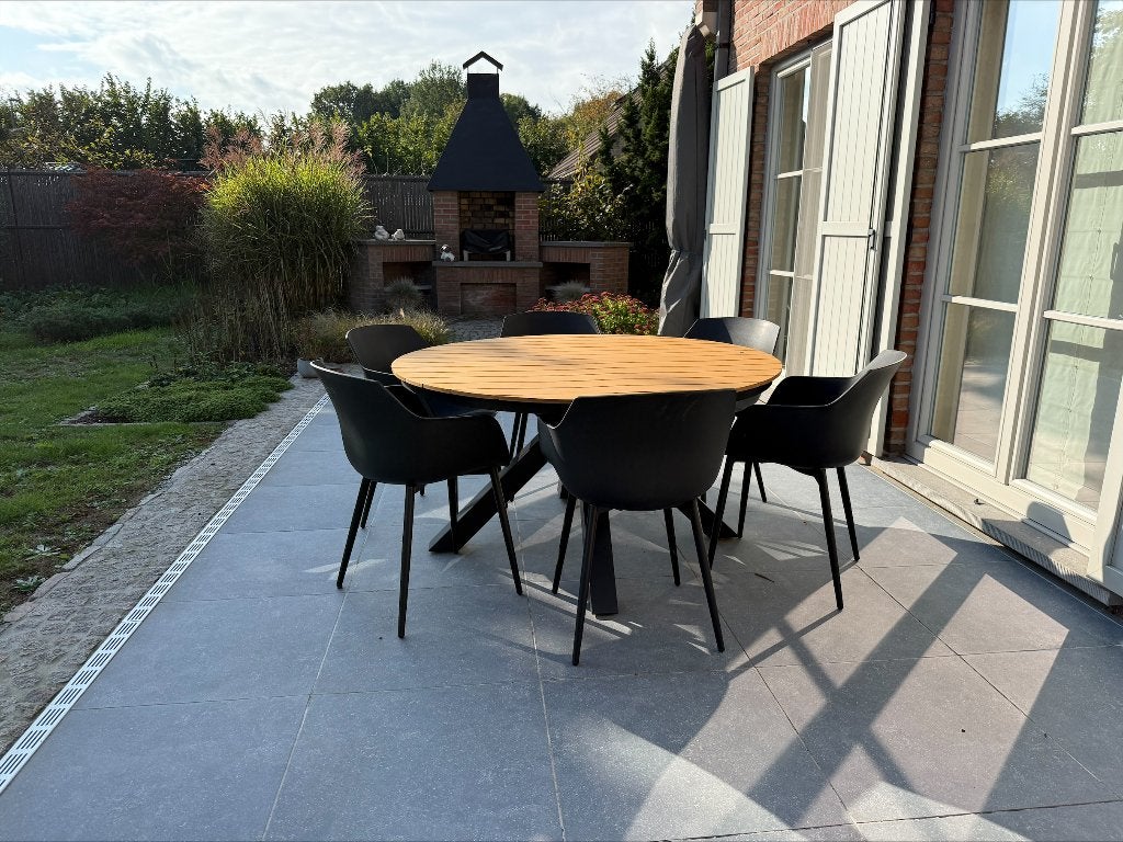 Tora tuintafel 140cm en 6 PACO stoelen zwart, Ophalen, Kunststof, 6 zitplaatsen, Zo goed als nieuw