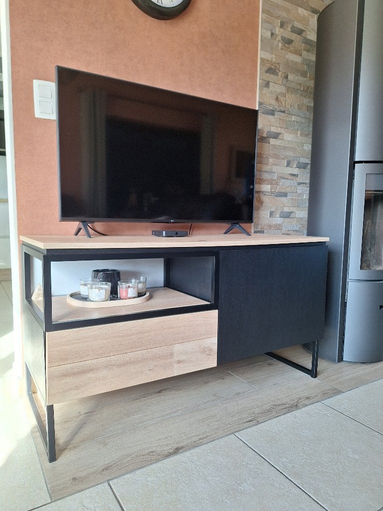 Meuble TV Portofino - Noir élégant/Vieux Chêne - 121x66x50cm, Ophalen, 100 tot 150 cm, Noir élégant/Vieux Chêne, Zo goed als nieuw