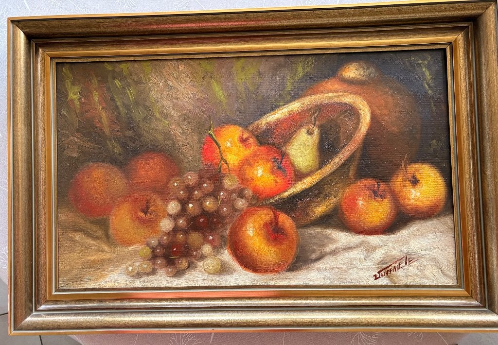 Antiek schilderij, stilleven fruitmand, Peinture à l'huile, Cadre spécial, Enlèvement, Nature morte