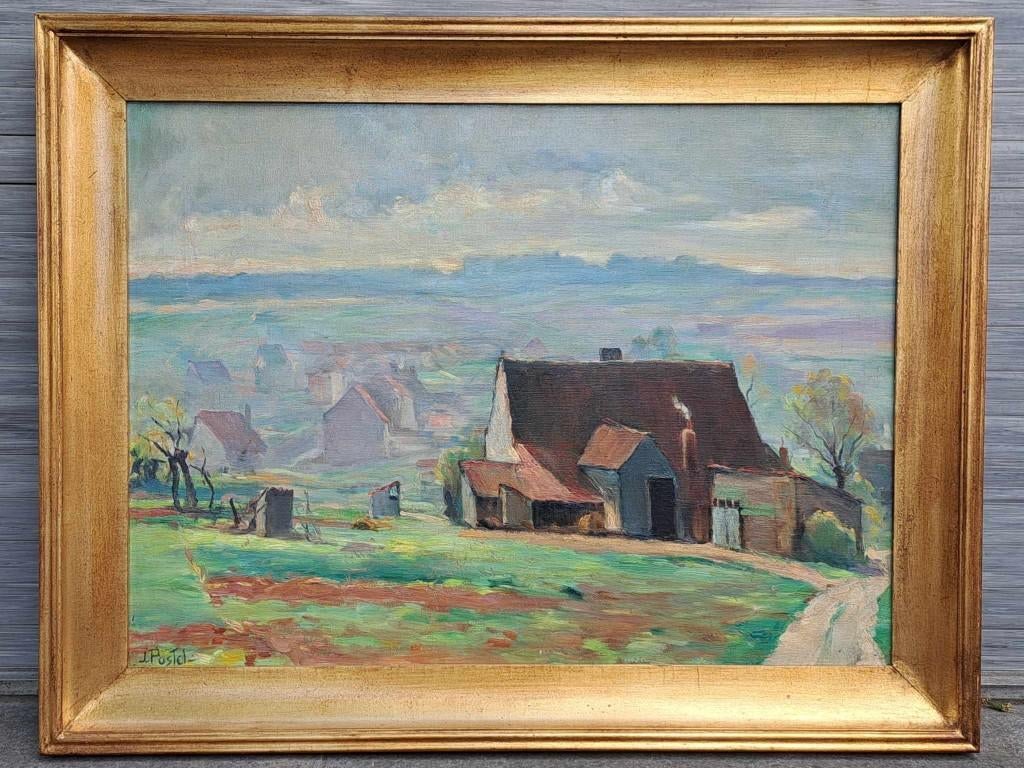 huile sur toile paysage signe jules postel, Antiek en Kunst, Ophalen of Verzenden
