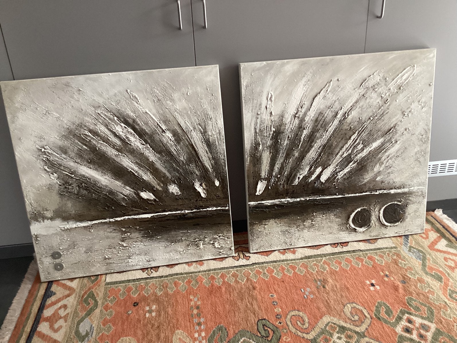 Set van twee abstracte schilderijen met reliëf, Antiek en Kunst, Kunst | Schilderijen | Abstract, Ophalen