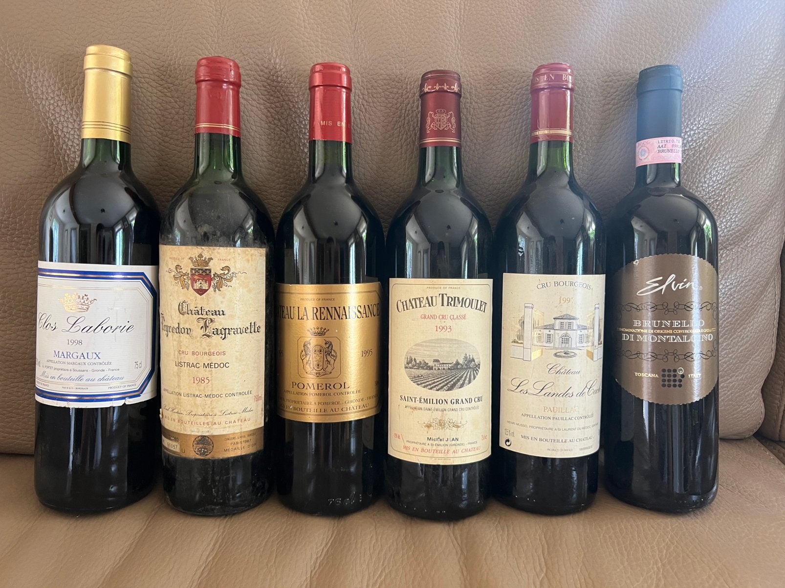 6 oude wijnflessen margaux, pauillac, toscaanse wijn,…, Verzamelen, Ophalen, Zo goed als nieuw