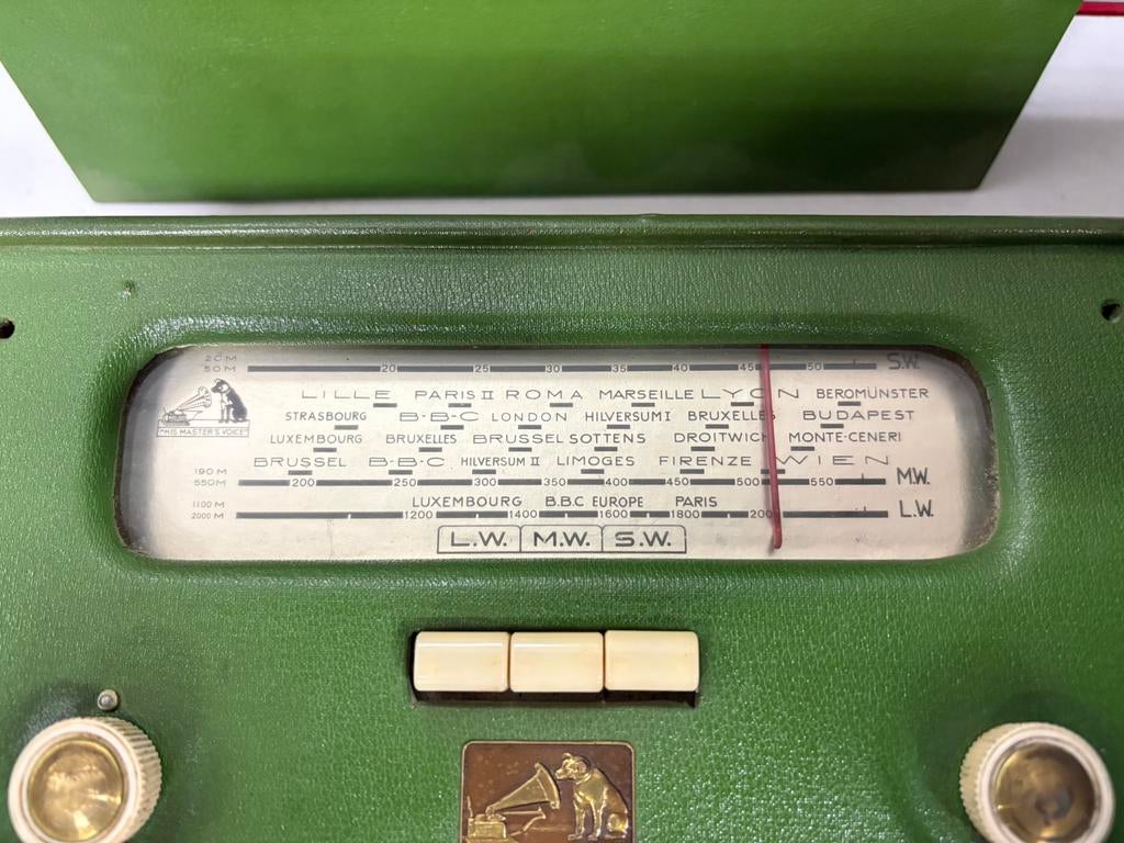 Vintage Radio „His Master's Voice” - 50’s - Green & Brass, Ophalen of Verzenden, Gebruikt, Radio