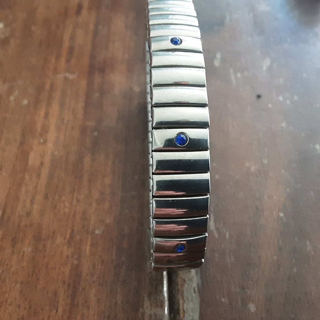 Vintage schakelarmband met blauwe steentjes, Verzenden, Gebruikt, Staal