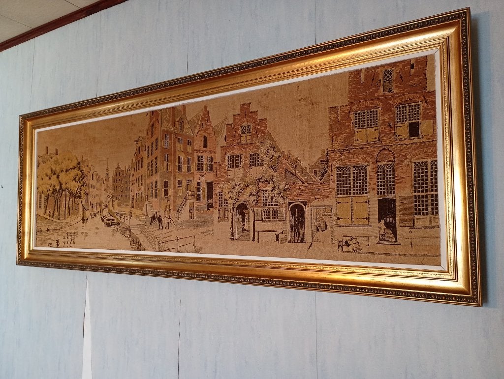 Grote vintage kader goud met gewoven stadszicht Amsterdam, Antiek en Kunst, Ophalen