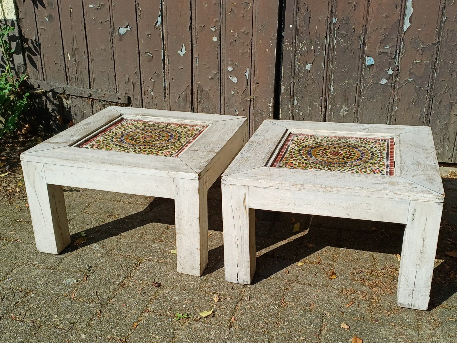 2 tables d'appoint anciennes en mosaïque, Antiquités & Art, Enlèvement ou Envoi