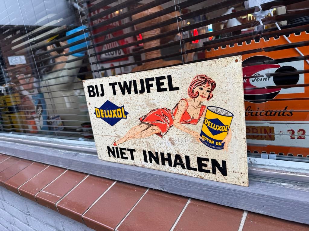 DELUXOL motor olie oud reclamebord, Verzamelen, Ophalen of Verzenden, Gebruikt, Reclamebord