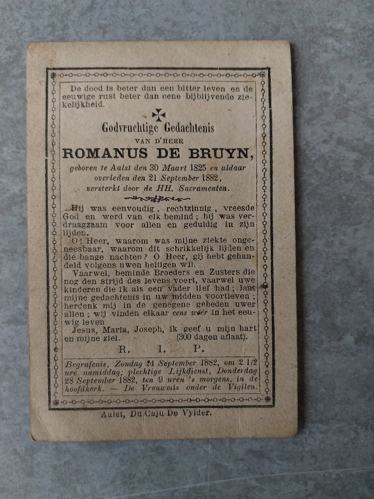 Doodsprentje De Bruyn Aalst 1882, Ophalen of Verzenden, Rouwkaart