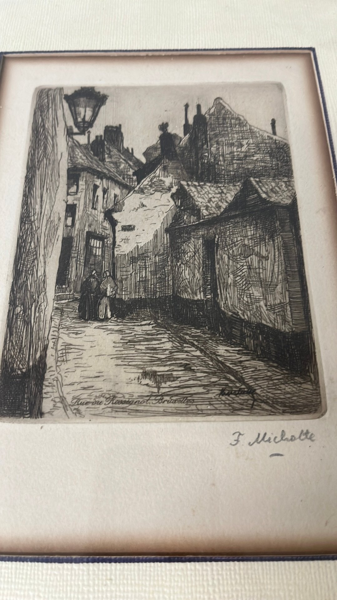 Gravure « Rue des Rossignol » Bruxelles — Fr. Michotte, Enlèvement ou Envoi, Eau-forte, Signé
