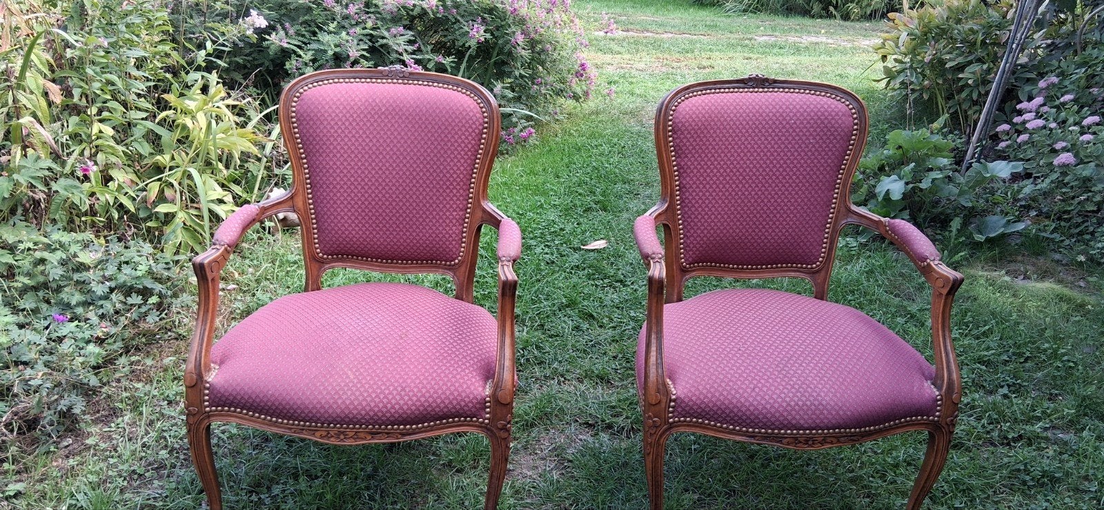 2 fauteuils "Voltaire" XXe S-dossier ouvert-tissu imprimé, Enlèvement, Utilisé, Rouge, Coton