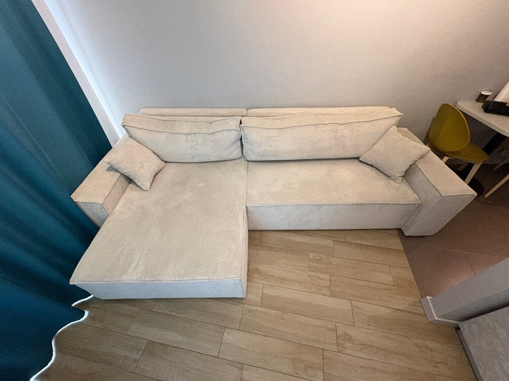 Canapé d’angle convertible beige avec coffre de rangement, Trois personnes, 125 à 150 cm, Comme neuf, Enlèvement