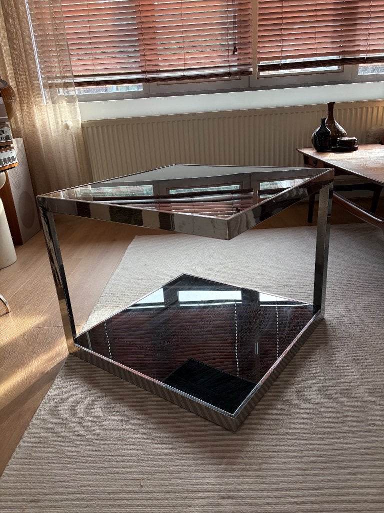 Vintage retro salontafel chroom en fume glas, Ophalen, 50 – 75, Gebruikt, 50 tot 100 cm