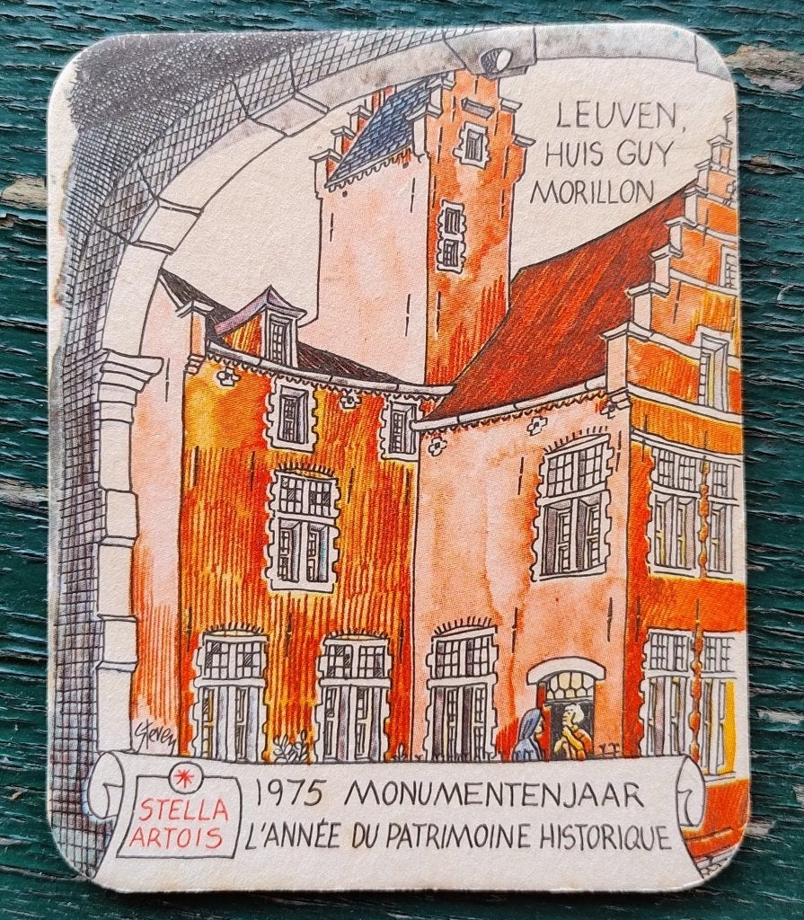 Vintage bierkaartje Stella Artois uit 'Monumentenjaar 1975', Verzamelen, Ophalen of Verzenden, Nieuw, Stella Artois
