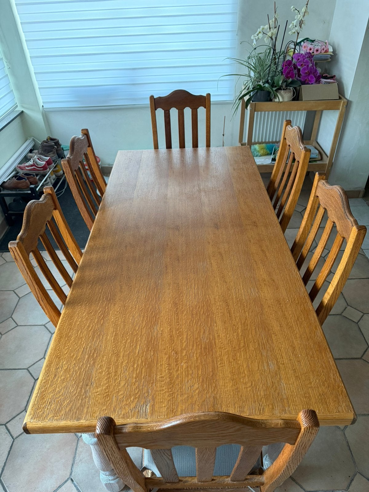 Houten tafel + 6 stoelen, Huis en Inrichting, Ophalen, Gebruikt, 50 tot 100 cm, Vijf personen of meer