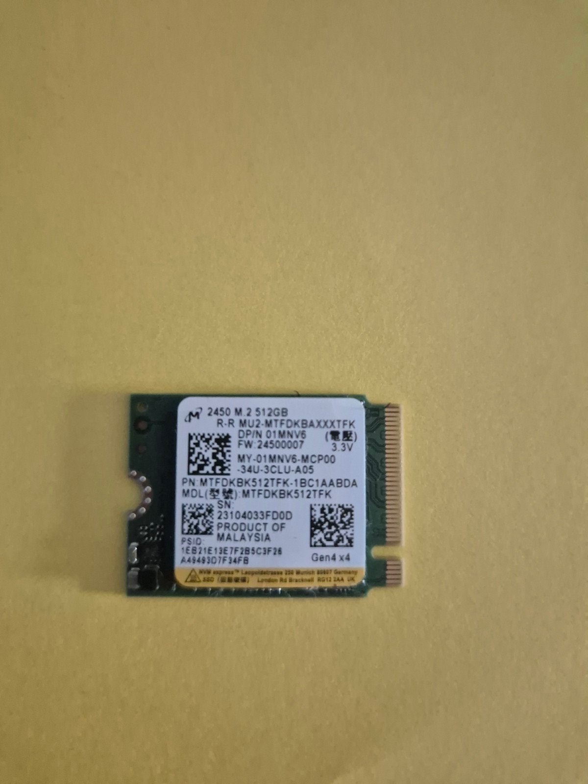SSD NVMe M.2 2230 Micron 2450 – 512 Go – PCIe Gen4 x4, Intern, SSD, Ophalen of Verzenden, Zo goed als nieuw